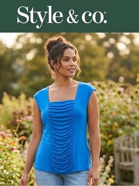 Style & Co. Bright Blue Ruched Square-Neck Cap Sleeve Top